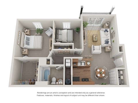Floor plan for 2 beds, 1 bath, 933 sqft